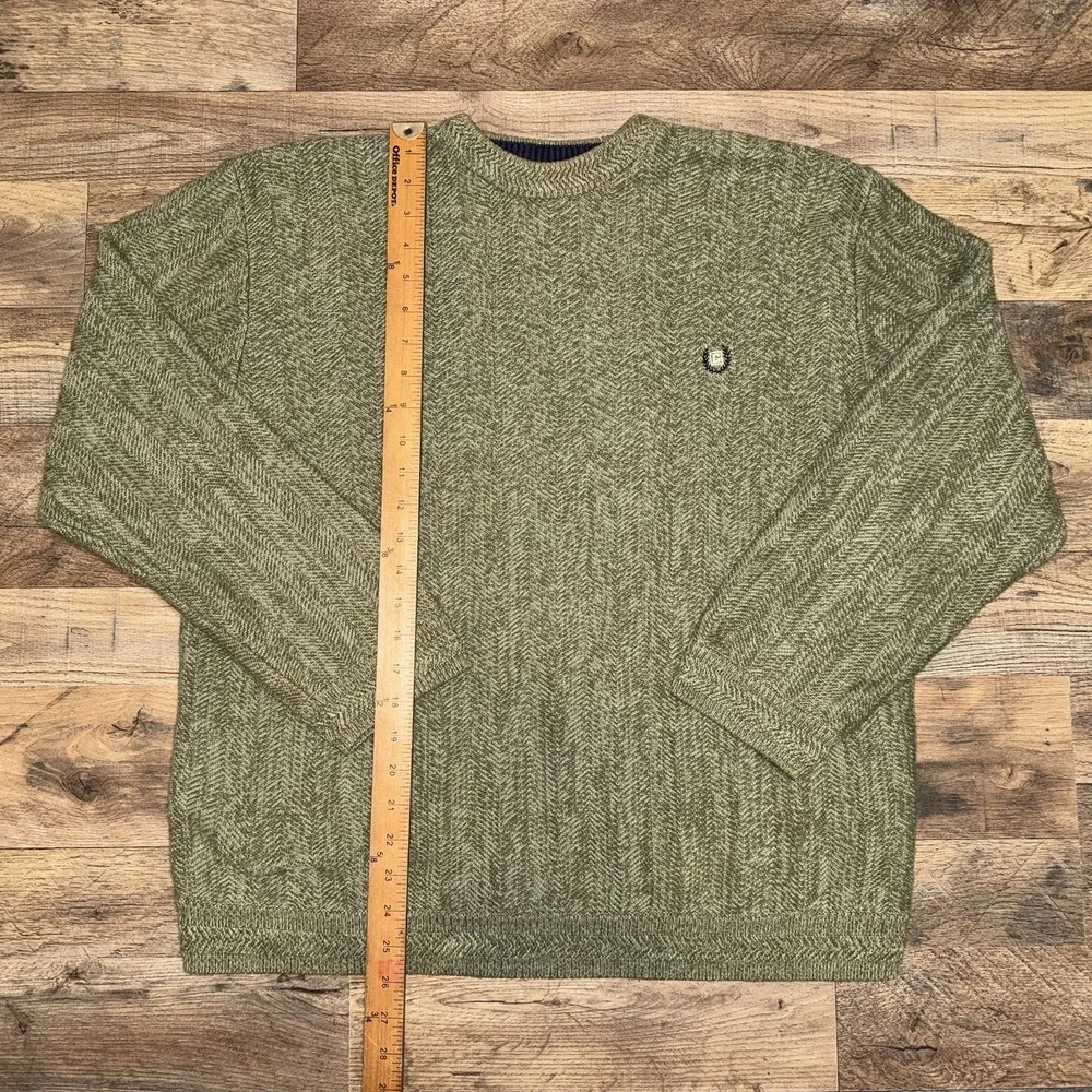 Chaps Mens XL Olive Green Herringbone Knit Cotton Crewneck Sweater Logo
